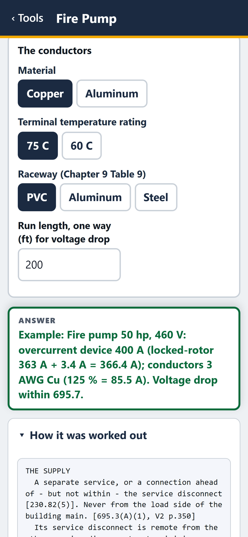 Fire Pump screen: 75 C terminals, PVC raceway, 200 ft one way. The answer: 400 A device, 3 AWG Cu, voltage drop within 695.7.