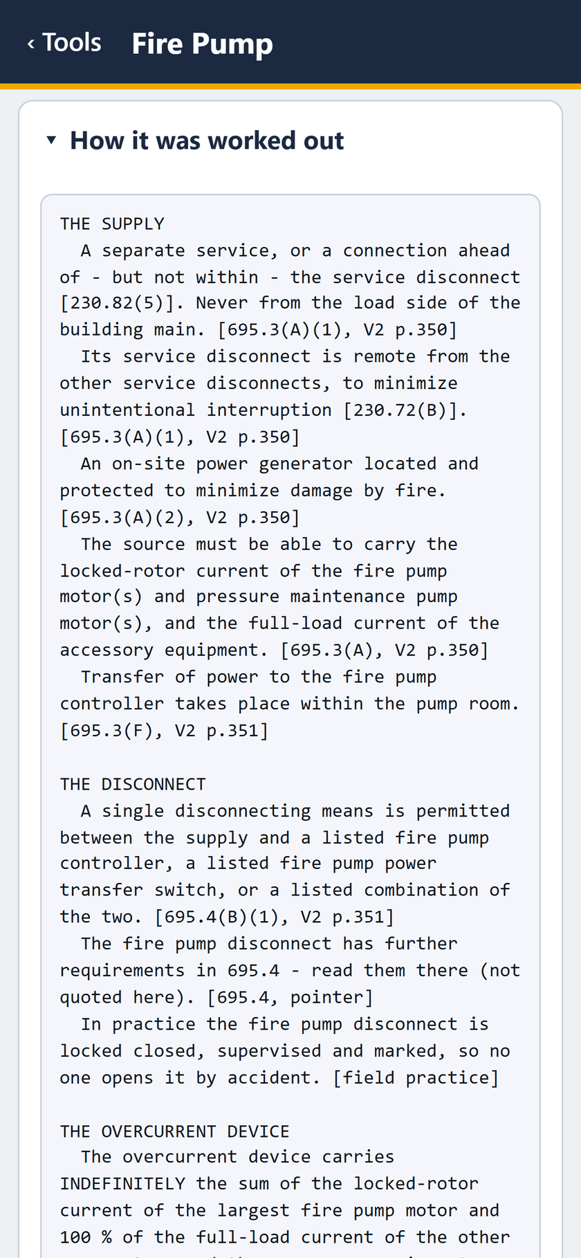 Fire Pump screen: How it was worked out: the supply and the disconnect, each with its 695 section.