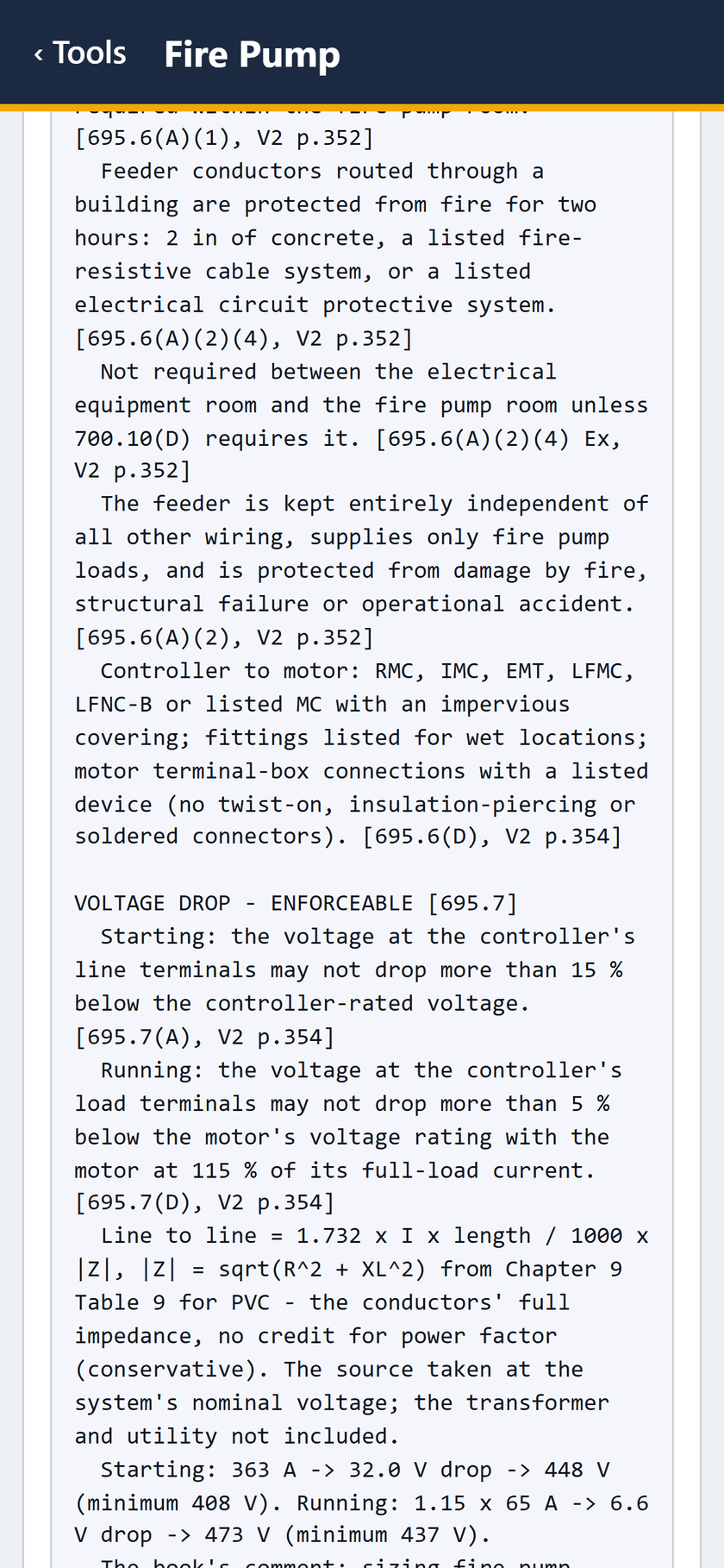 Fire Pump screen: Feeder fire protection for two hours, the controller-to-motor wiring, then voltage drop under 695.7: starting 448 V, minimum 408 V.
