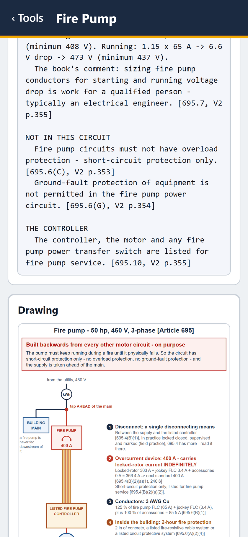 Fire Pump screen: Running: 473 V, minimum 437 V. Not in this circuit: overload and ground-fault protection. Then the controller, and the drawing begins.