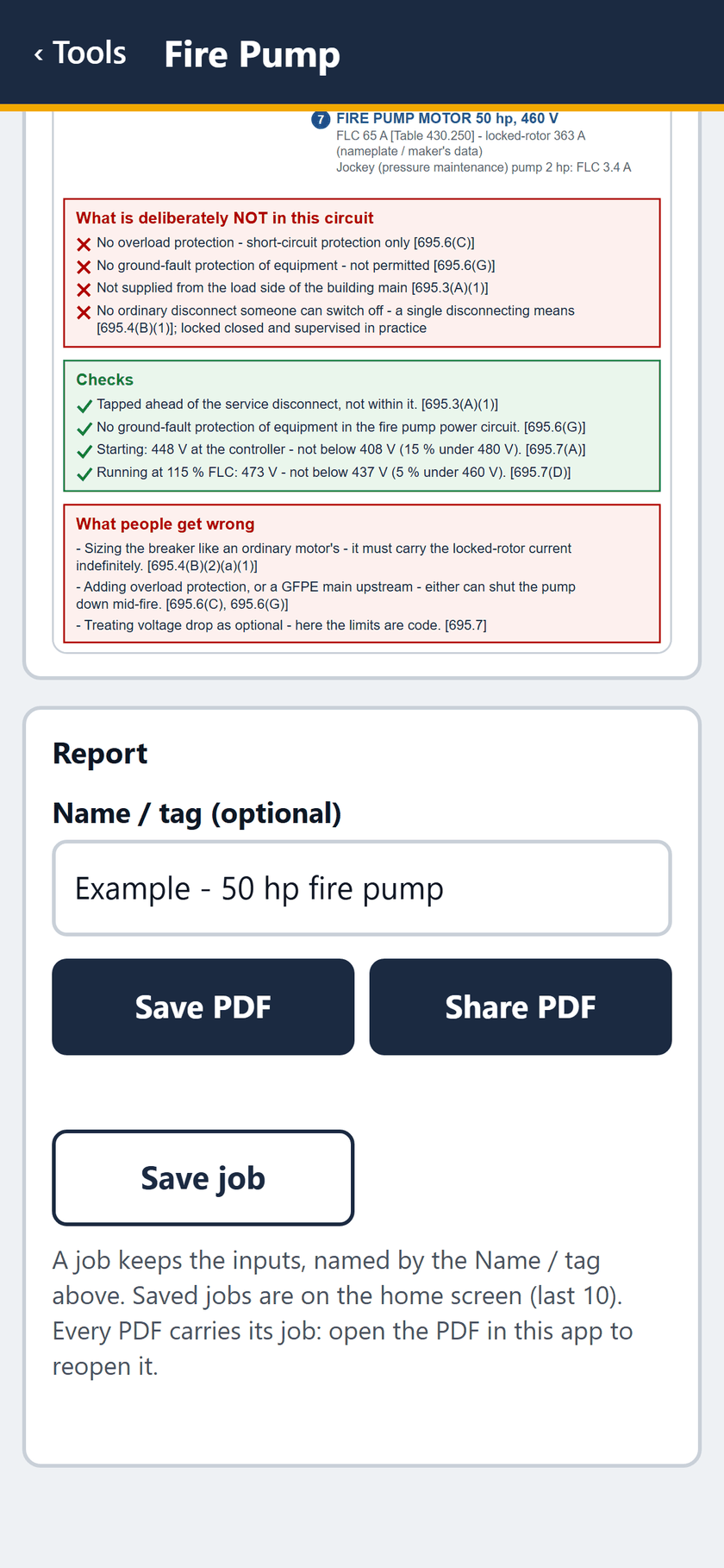 Fire Pump screen: The end of the drawing, then the report: save or share the PDF, or save the job.