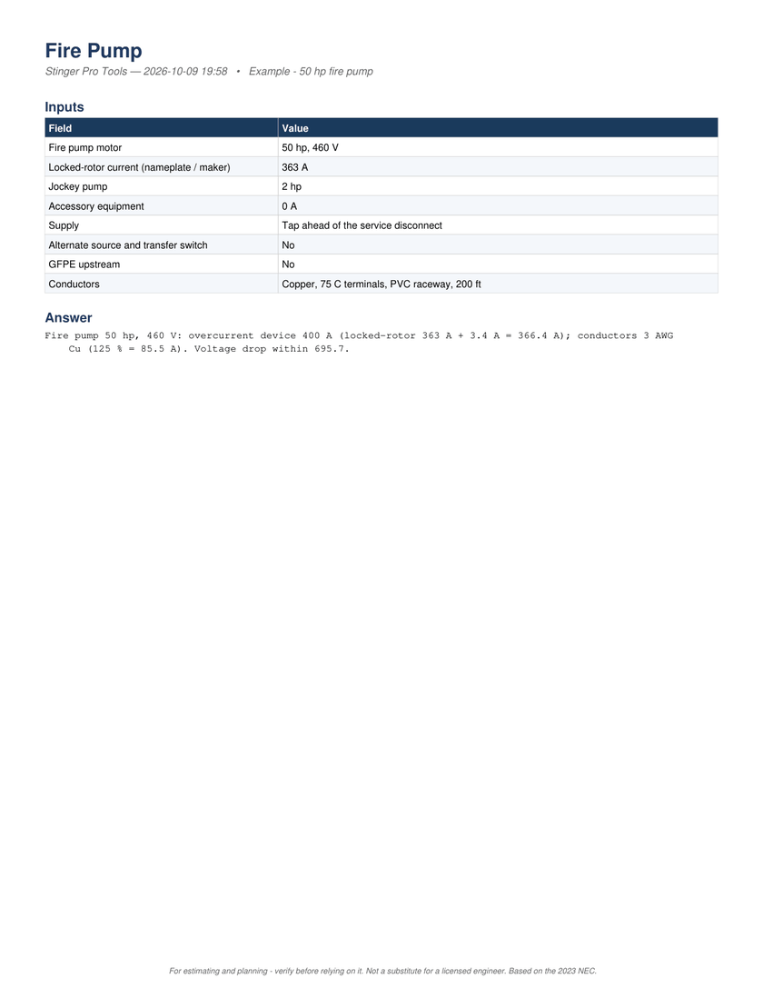 Page 1 of the PDF report: The PDF, page 1: the inputs and the answer, a 400 A device and 3 AWG Cu, voltage drop within 695.7.