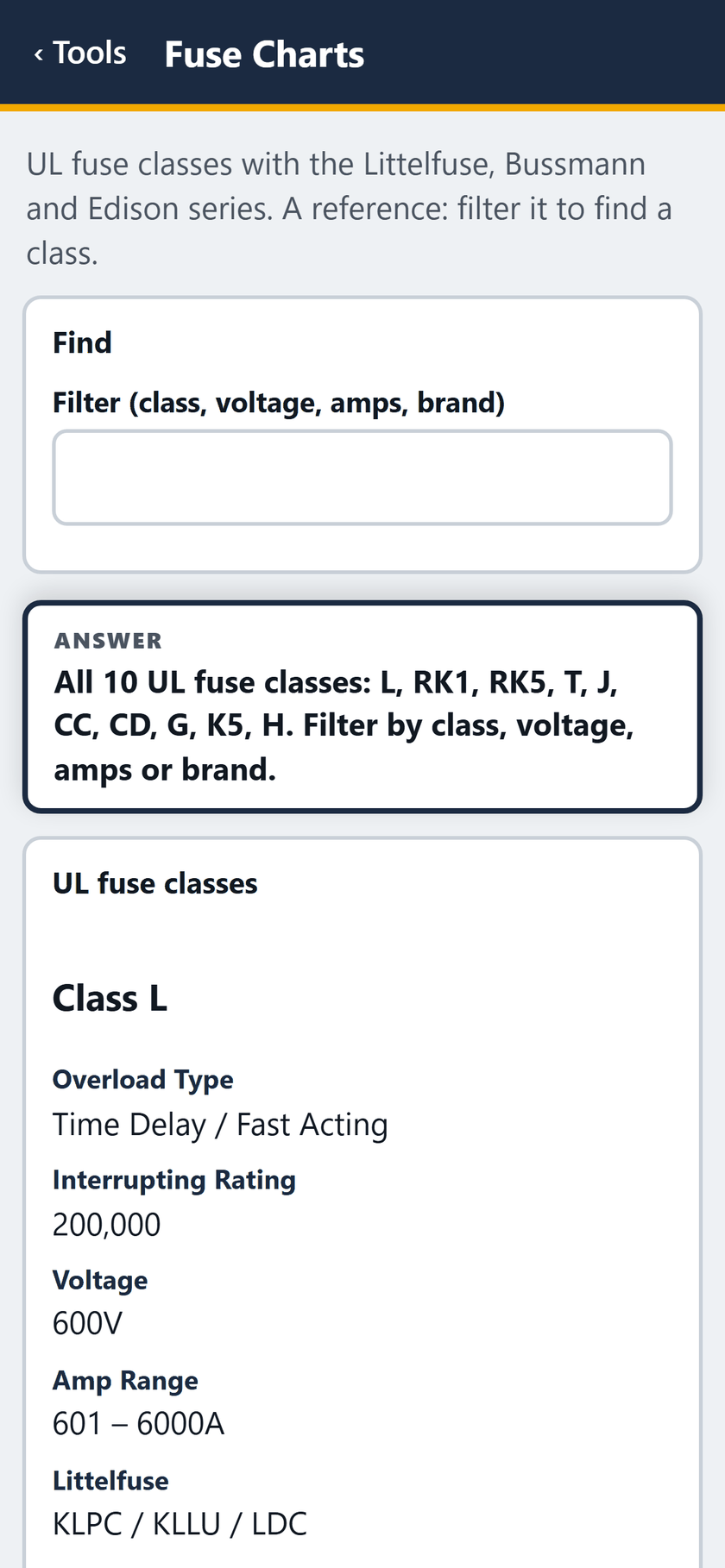 Fuse Charts screen: Fuse Charts opens on all 10 UL fuse classes, L to H, with the filter empty. Class L heads the list.