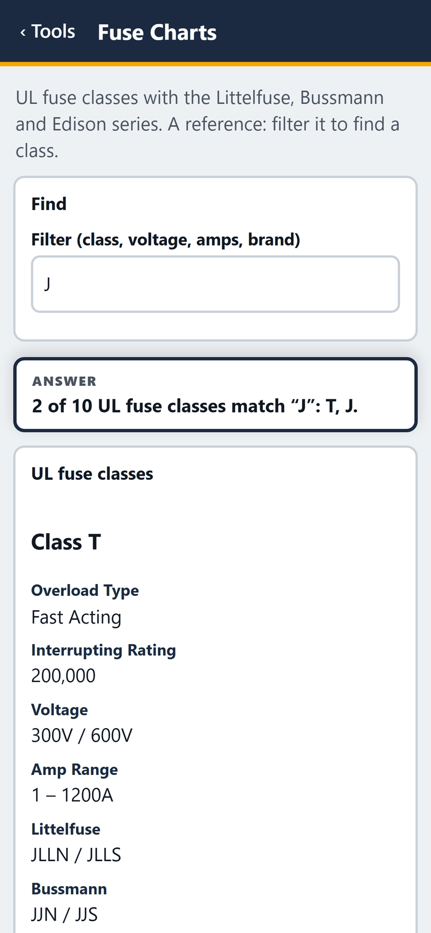 Fuse Charts screen: Filter J: 2 of 10 classes match, T and J.