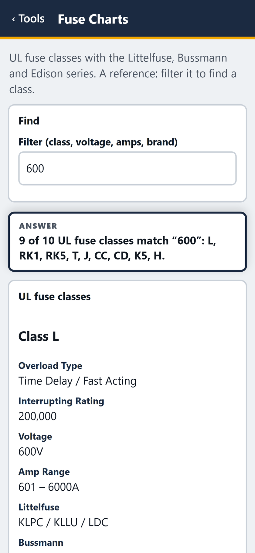 Fuse Charts screen: Filter 600: 9 of 10 classes match, every class but G.