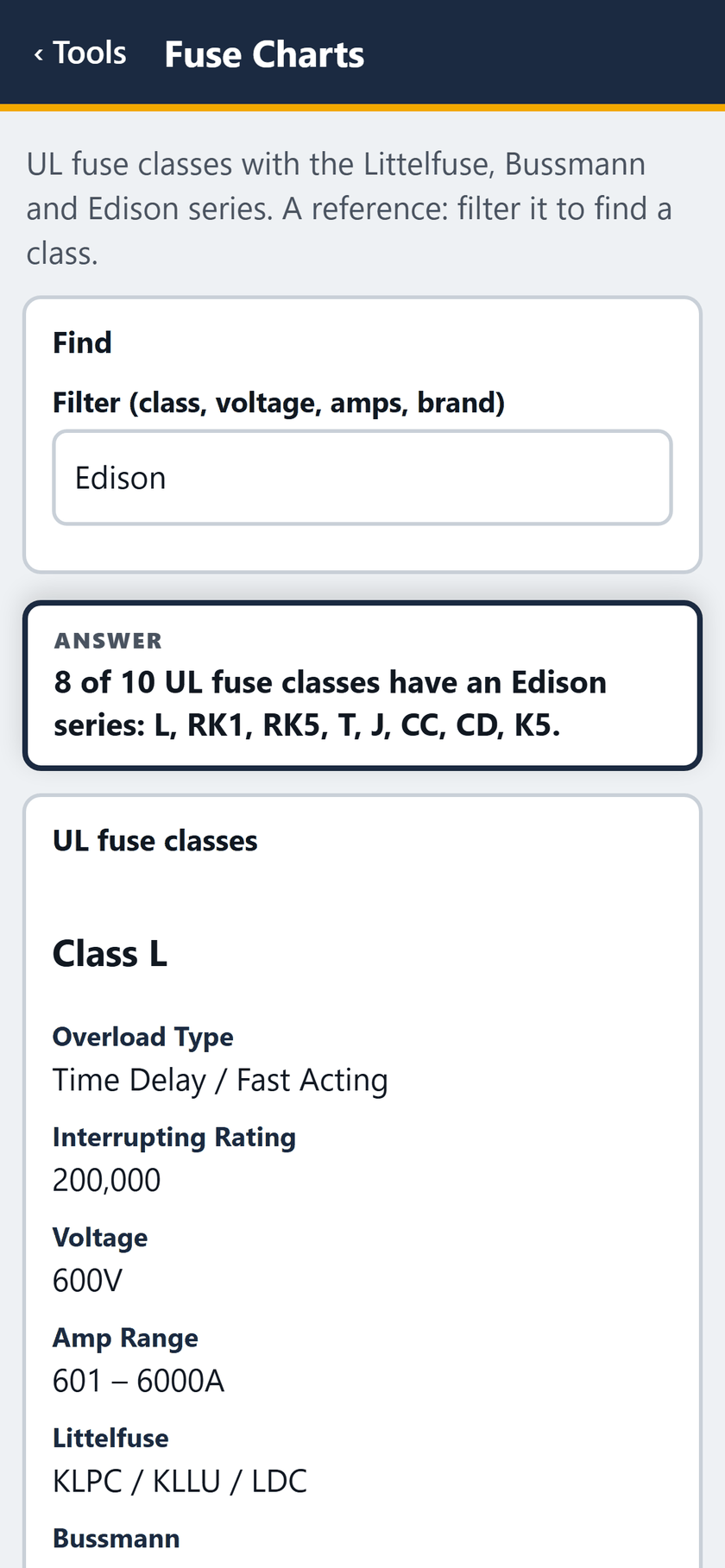 Fuse Charts screen: Filter Edison: 8 of 10 classes have an Edison series, L, RK1, RK5, T, J, CC, CD and K5.