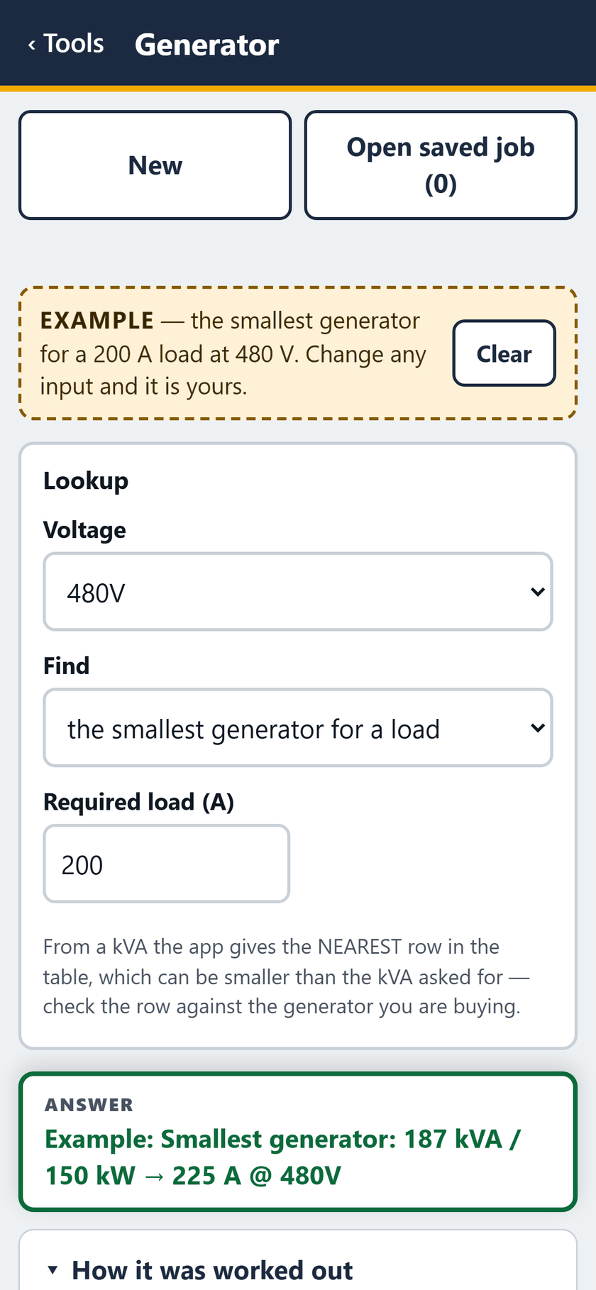 Generator screen: The example opens filled in: the smallest generator for a 200 A load at 480 V. The answer: 187 kVA / 150 kW, 225 A.