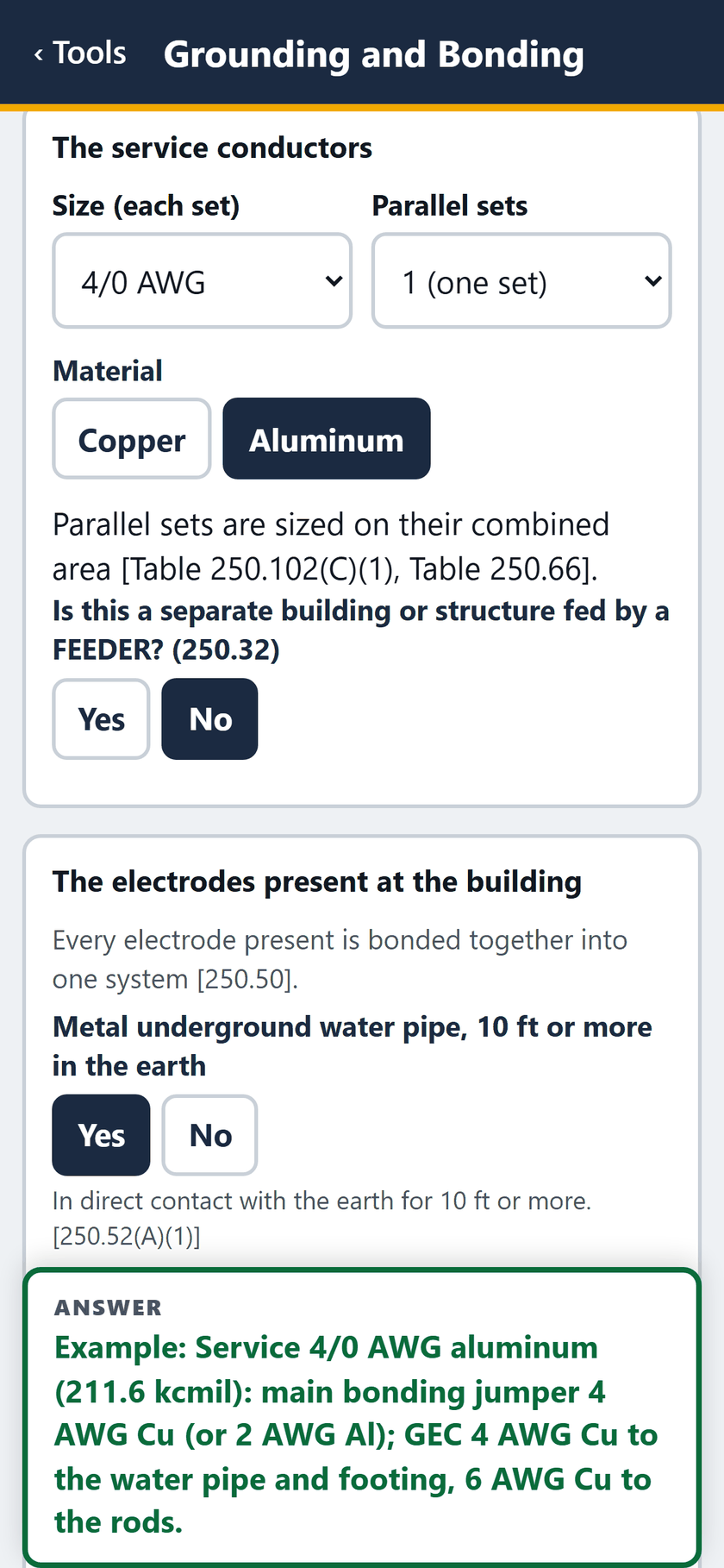 Grounding and Bonding screen: The service: 4/0 AWG aluminum, one set, not a separate building fed by a feeder. A metal water pipe is present.