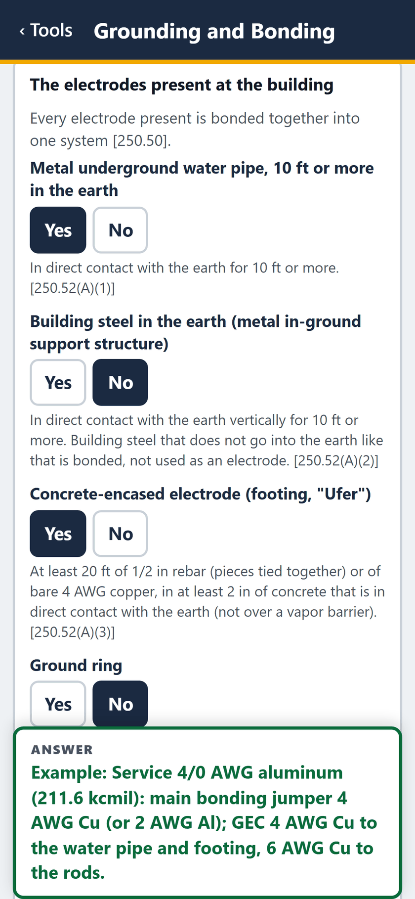 Grounding and Bonding screen: The electrodes at the building: water pipe yes, building steel no, concrete-encased footing yes, ground ring no.
