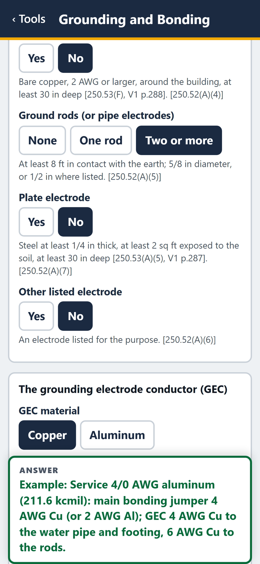 Grounding and Bonding screen: Two or more ground rods, no plate and no other listed electrode. The GEC is copper.
