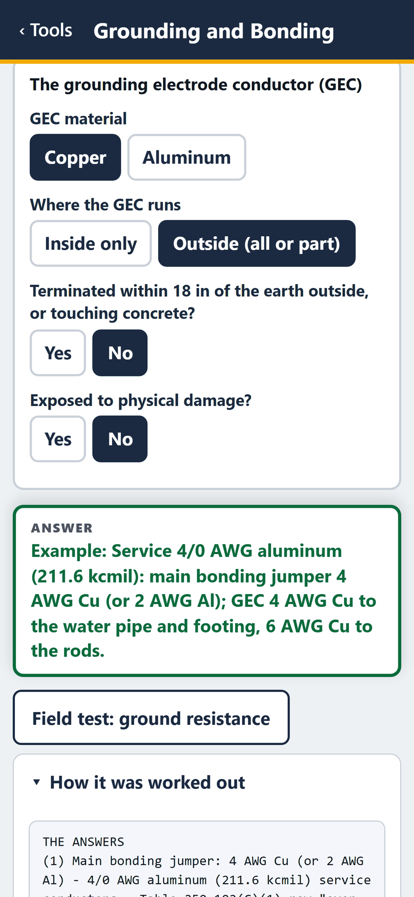 Grounding and Bonding screen: The GEC runs outside, not within 18 in of the earth, not exposed to damage. The answer, a field test, and how it was worked out.