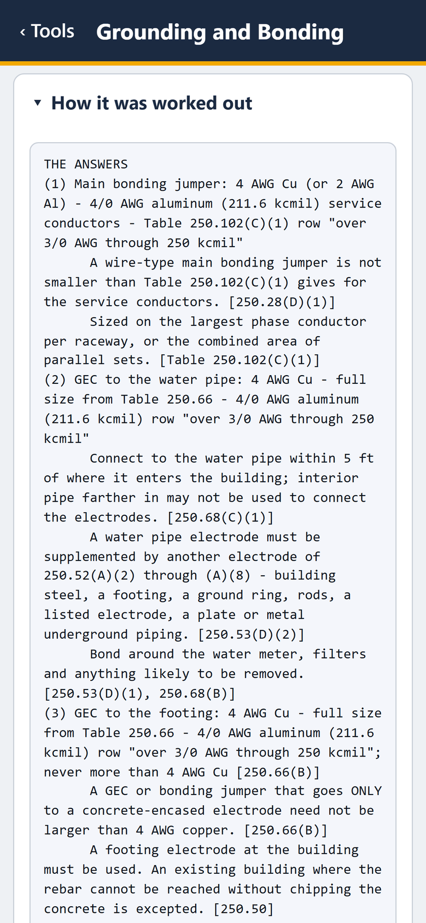 Grounding and Bonding screen: How it was worked out: the main bonding jumper from Table 250.102(C)(1), 4 AWG Cu to the water pipe and the footing.