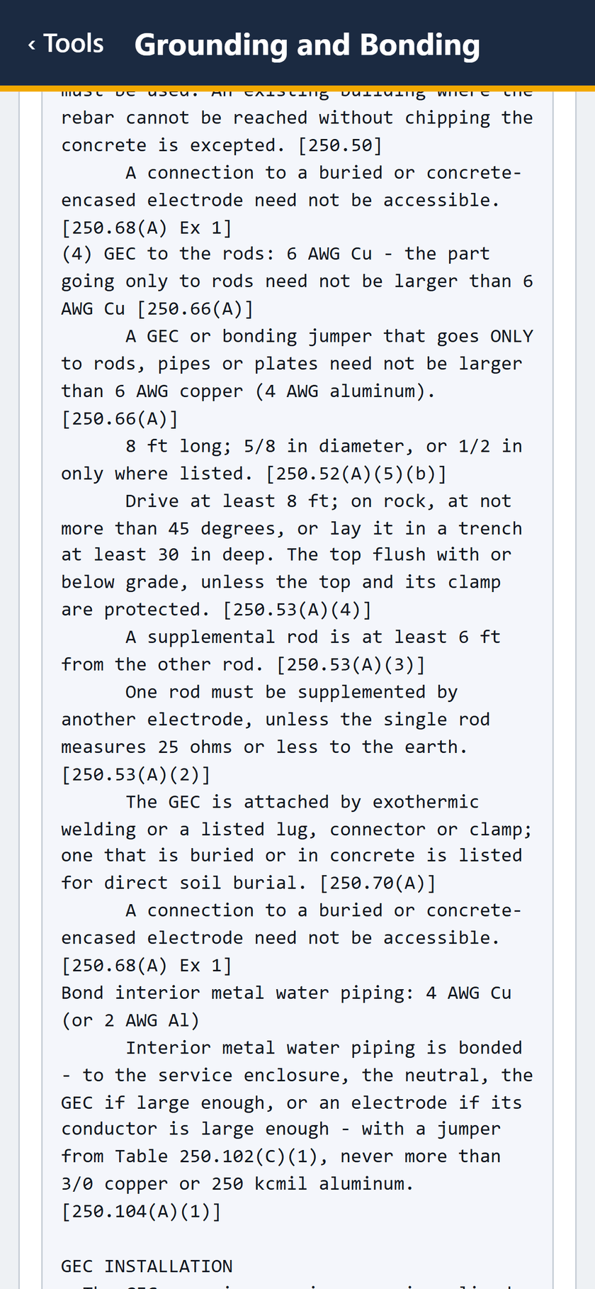 Grounding and Bonding screen: The working goes on: 6 AWG Cu to the rods, how the rods are driven and spaced, and bonding interior water piping.