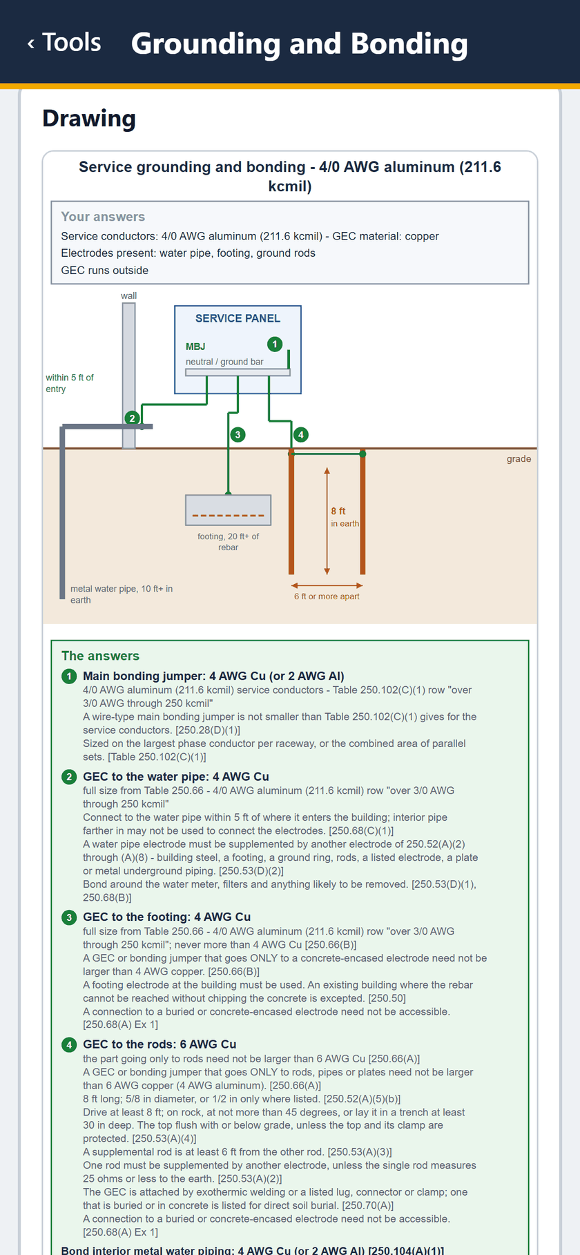 Grounding and Bonding screen: The drawing: service panel, water pipe within 5 ft of entry, footing, two rods 6 ft or more apart, and the four answers.