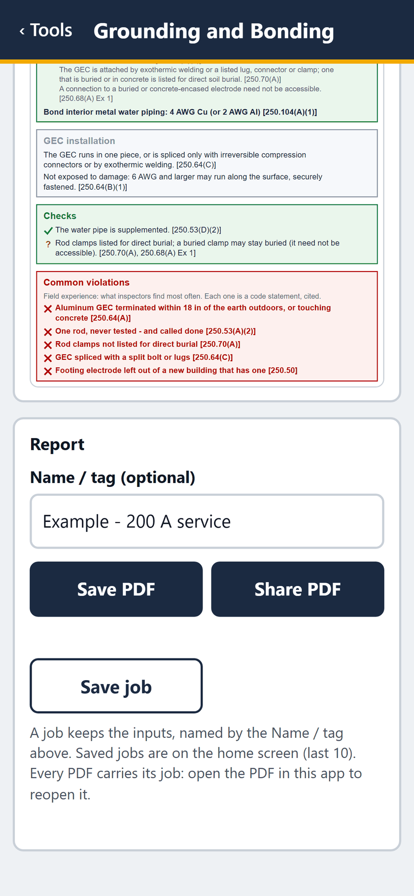 Grounding and Bonding screen: On the drawing: GEC installation, the checks and the common violations. Then the report: save or share the PDF, or save the job.