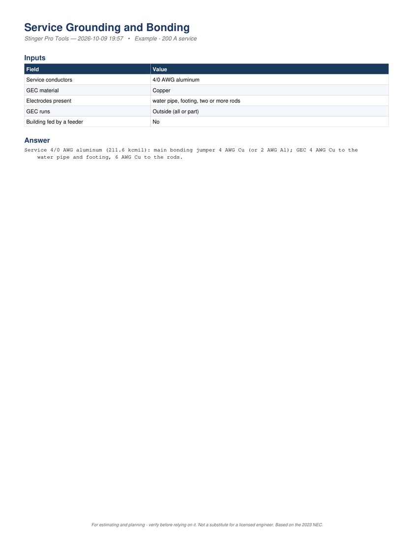 Page 1 of the PDF report: The PDF, page 1: the inputs and the answer, 4 AWG Cu bonding jumper, 4 AWG Cu to the water pipe and footing, 6 AWG Cu to the rods.