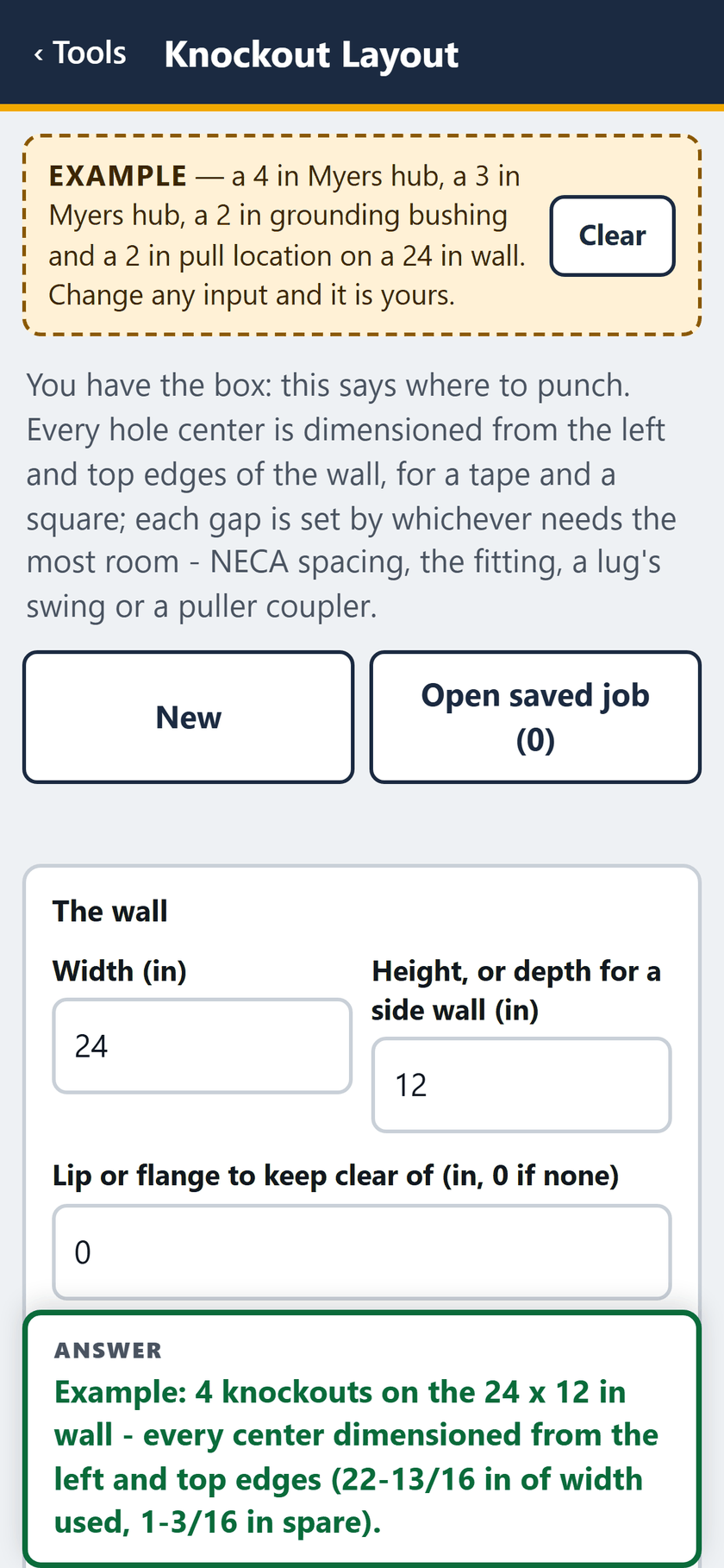 Knockout Layout screen: The example opens filled in: a 24 x 12 in wall, with the answer pinned at the foot of the screen.
