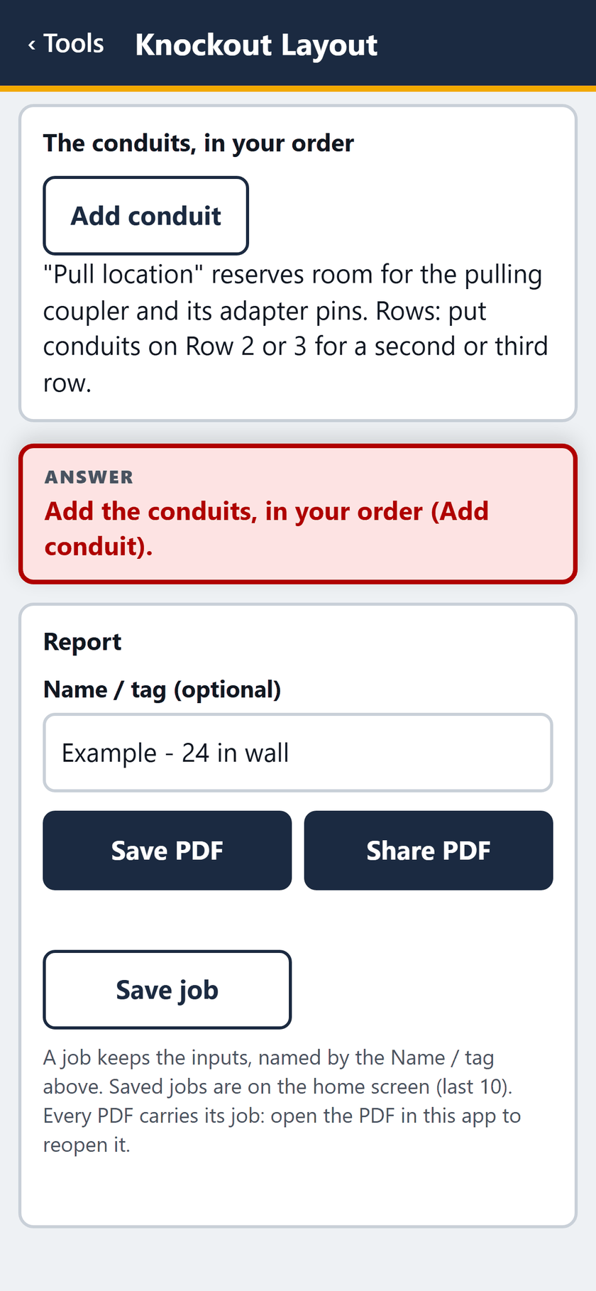 Knockout Layout screen: Building it again: with every conduit removed, the answer asks for the conduits, in your order.
