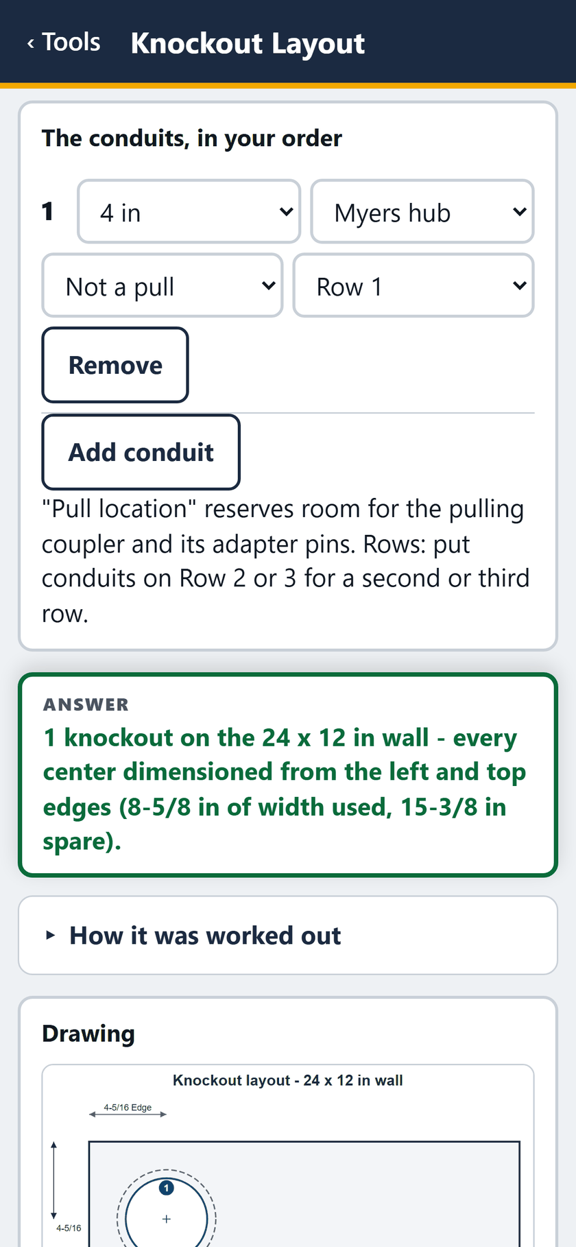 Knockout Layout screen: Conduit 1: a 4 in Myers hub. 1 knockout, 8-5/8 in of width used, 15-3/8 in spare.