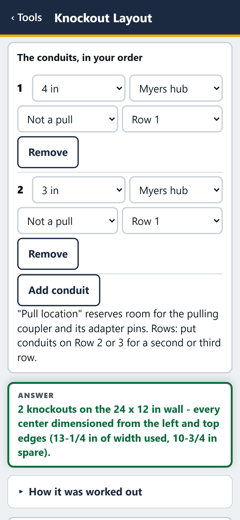 Knockout Layout screen: Conduit 2: a 3 in Myers hub. 2 knockouts, 13-1/4 in used, 10-3/4 in spare.