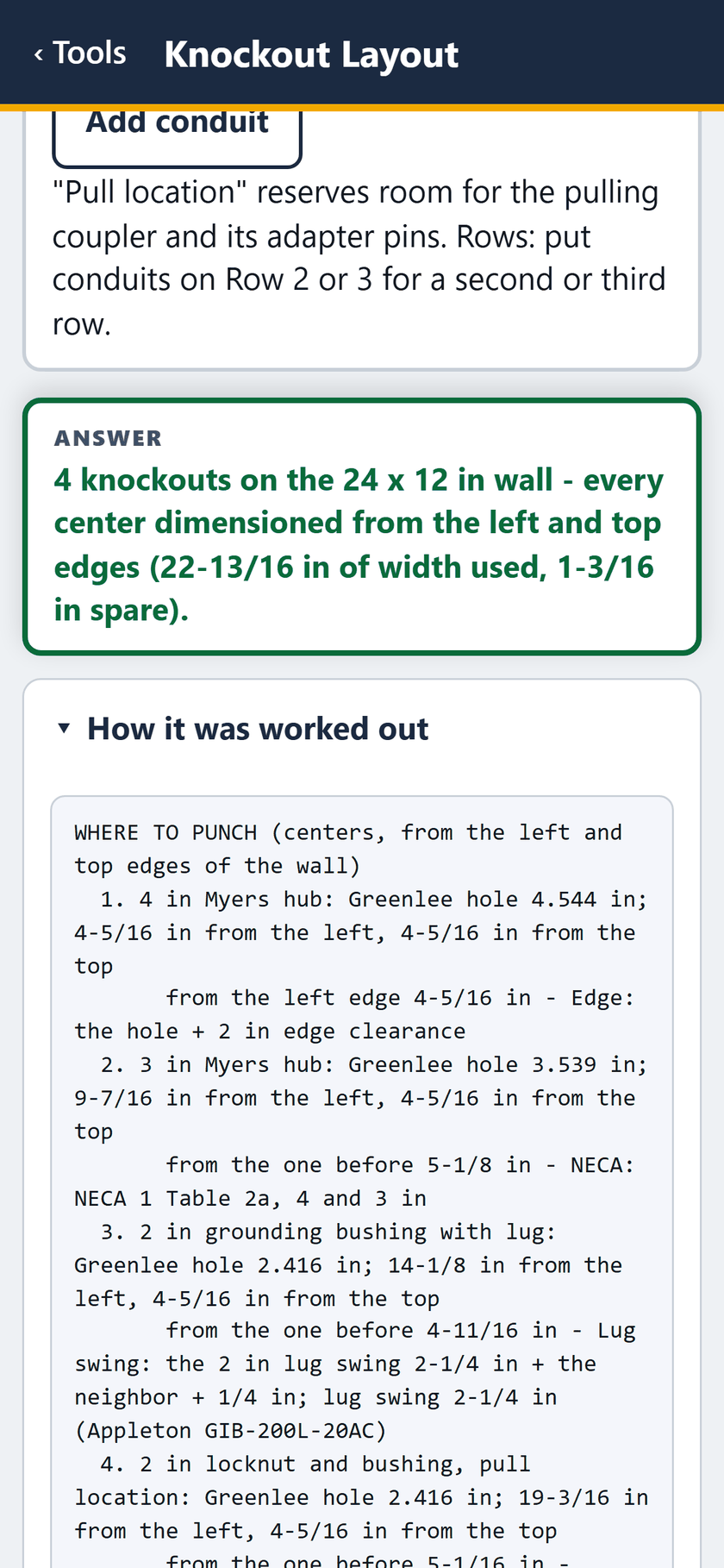 Knockout Layout screen: How it was worked out: each hole's Greenlee size, its center from the left and top, and what set the gap.