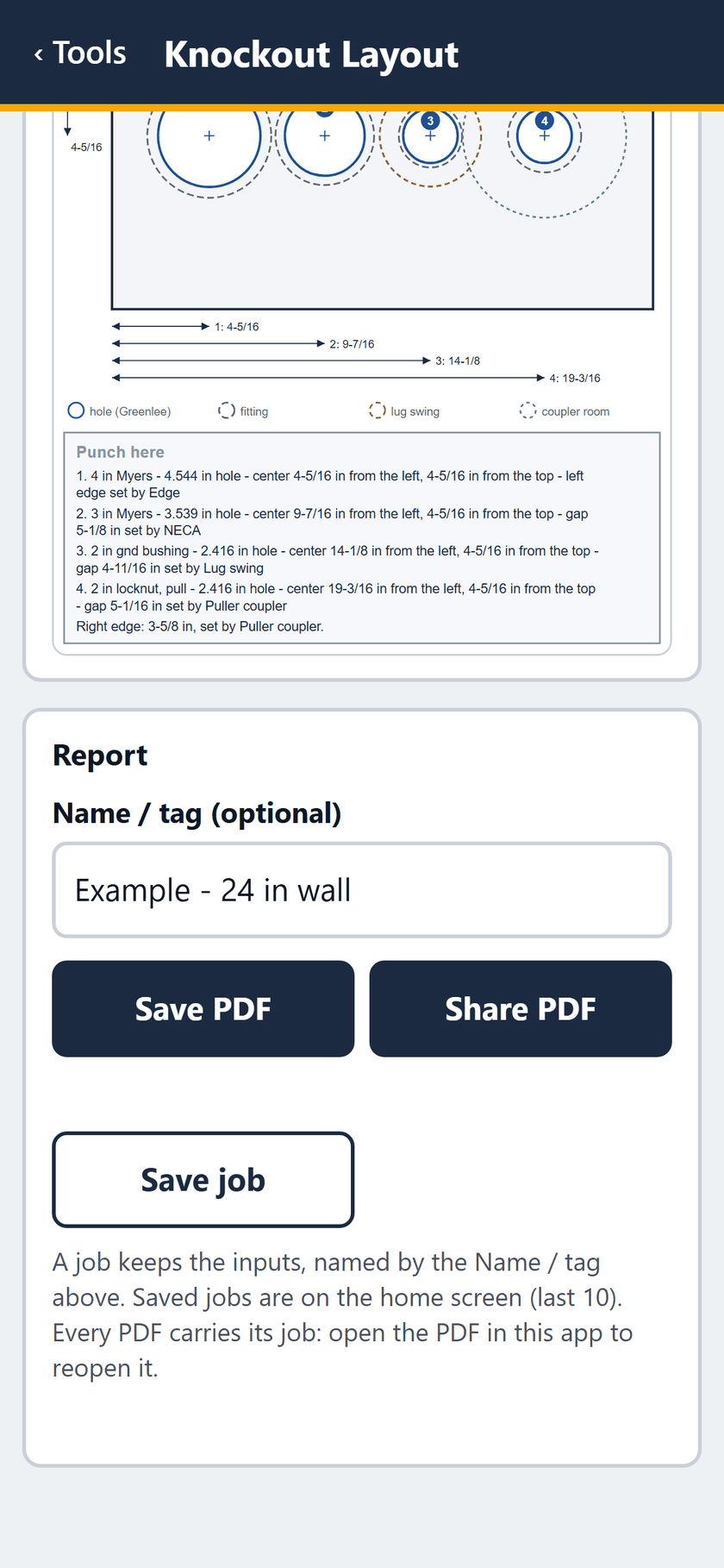 Knockout Layout screen: The report: save or share the PDF, or save the job.