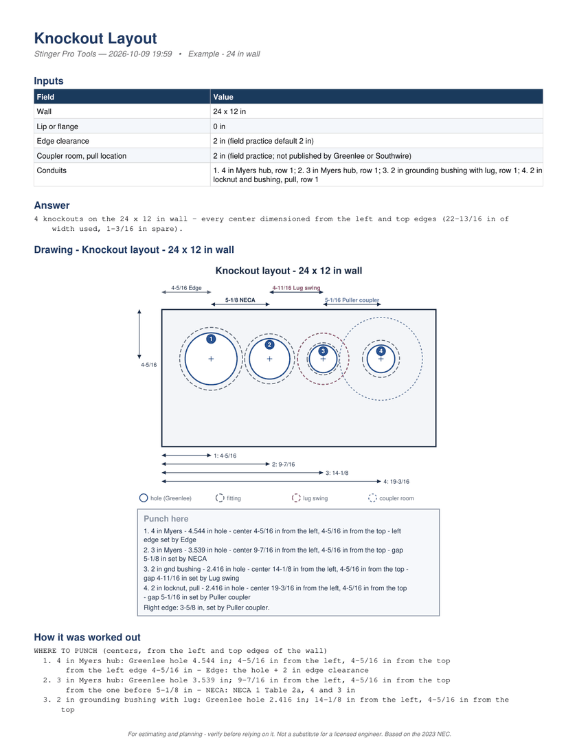 Page 1 of the PDF report: The PDF, page 1: the inputs, the answer, the drawing with the punch list, and how it was worked out.
