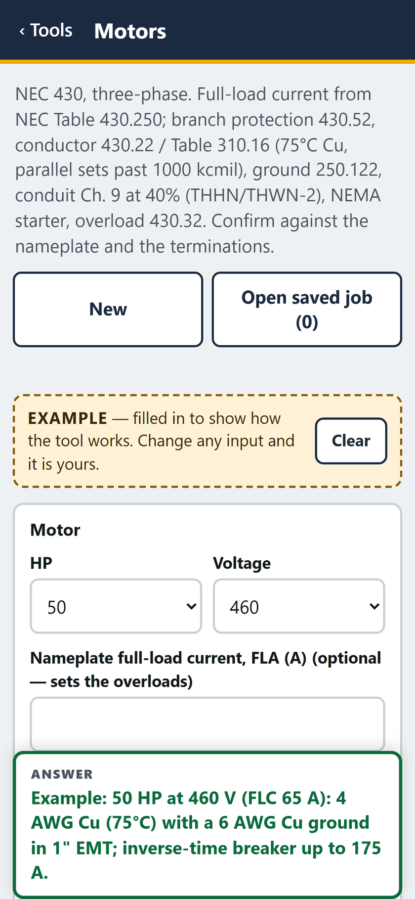 Motors screen: The example opens filled in: 50 HP at 460 V, with the answer pinned at the foot of the screen.