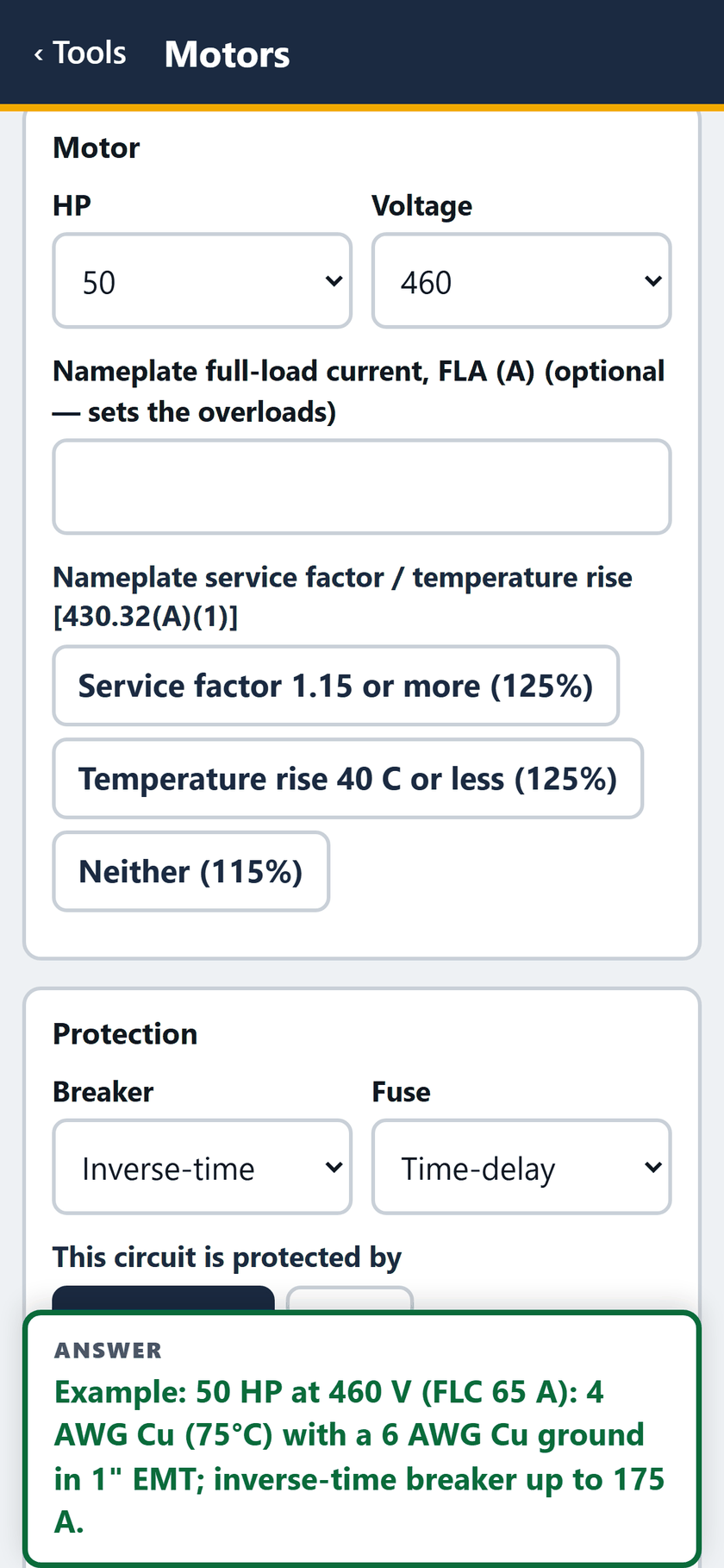 Motors screen: The motor: nameplate FLA left blank, the service factor and temperature rise choices, then an inverse-time breaker and time-delay fuse.
