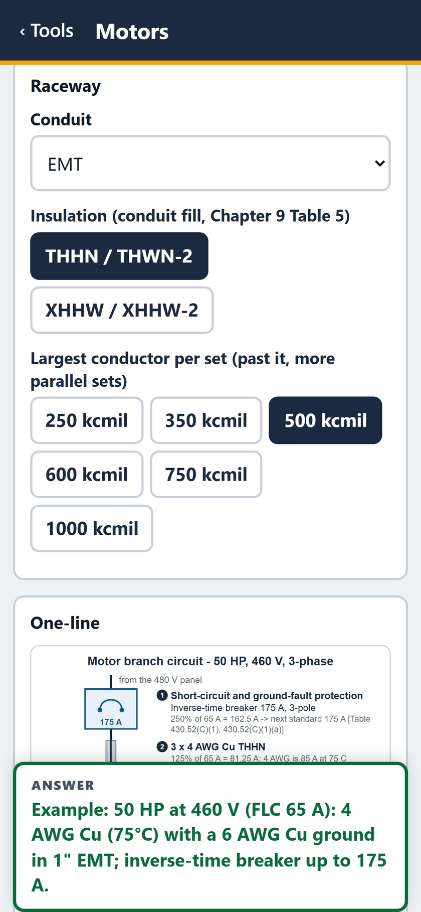 Motors screen: The raceway: EMT, THHN / THWN-2, 500 kcmil the largest per set. The one-line starts with a 175 A inverse-time breaker.