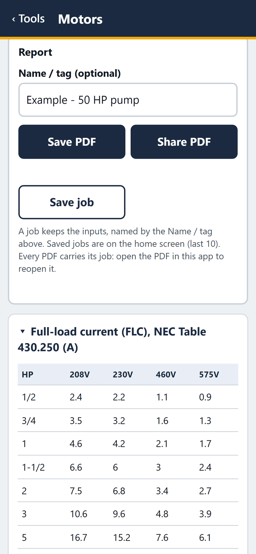 Motors screen: The report card, and below it the full-load current table, NEC Table 430.250, begins.
