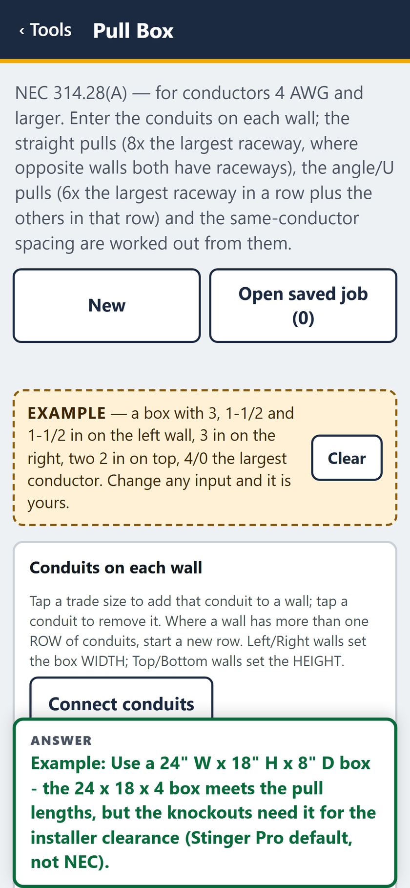 Pull Box screen: The example opens filled in: 3, 1-1/2 and 1-1/2 in on the left wall, 3 in on the right, two 2 in on top, with the answer pinned below.