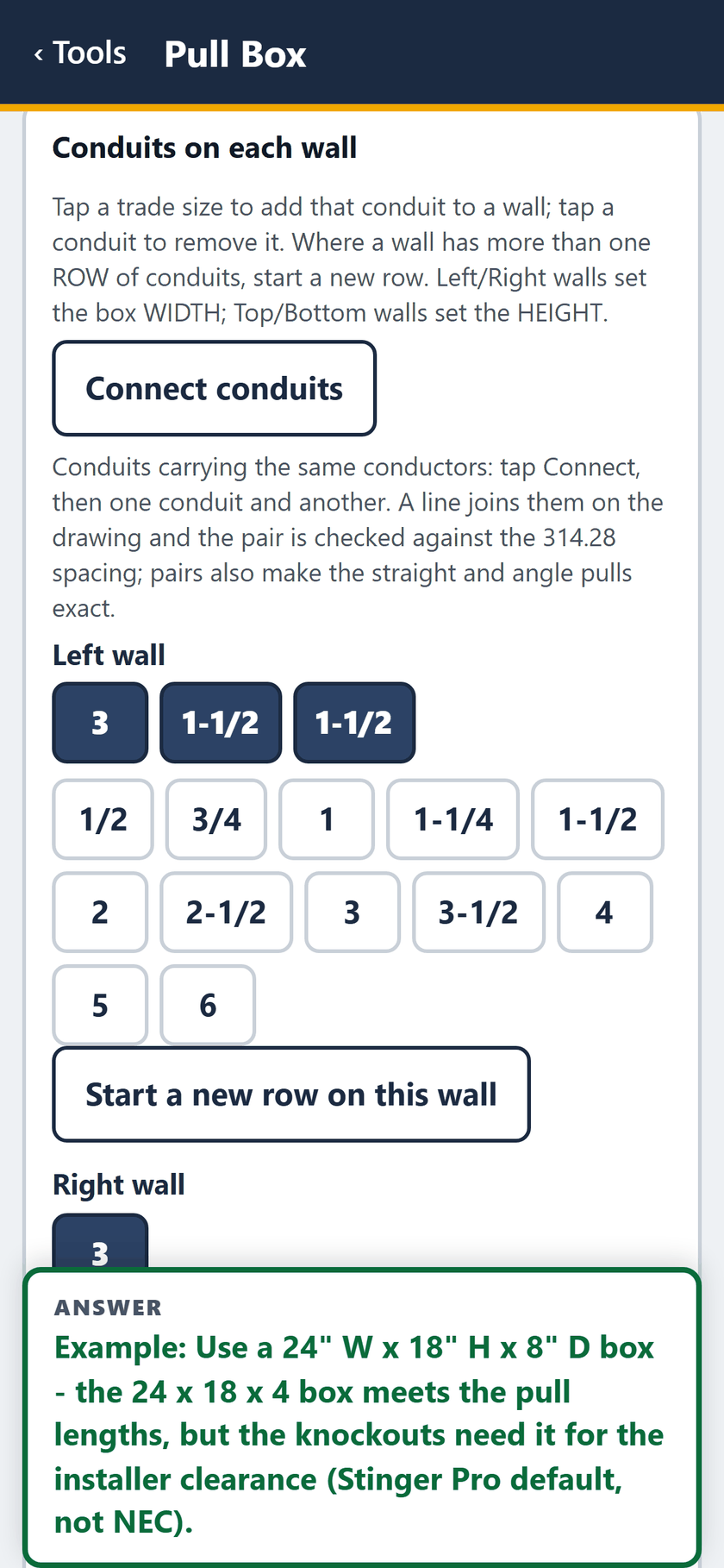Pull Box screen: Conduits on each wall: tap a trade size to add it. The left wall has 3, 1-1/2 and 1-1/2 in.