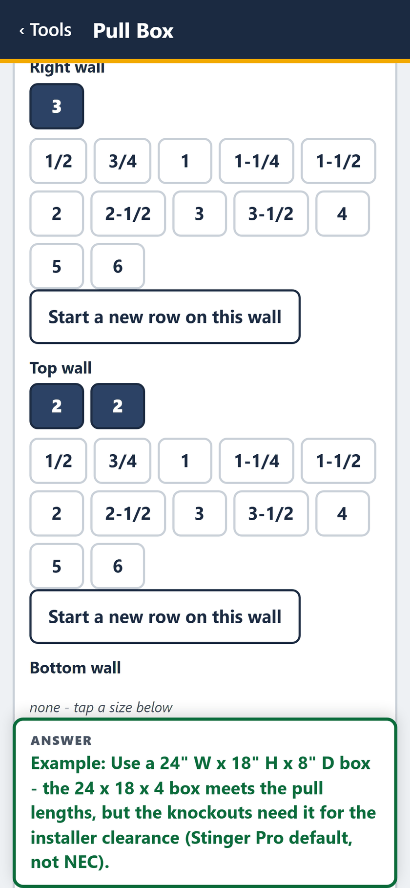 Pull Box screen: The right wall: one 3 in. The top wall: two 2 in. The bottom wall: none.