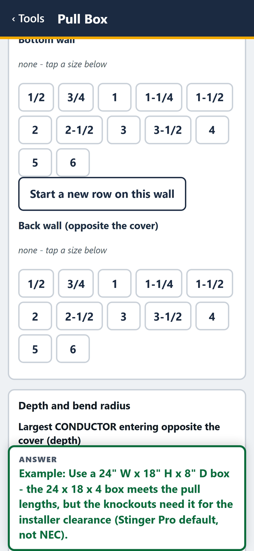 Pull Box screen: The back wall, opposite the cover: none. Then the depth and bend radius inputs start.