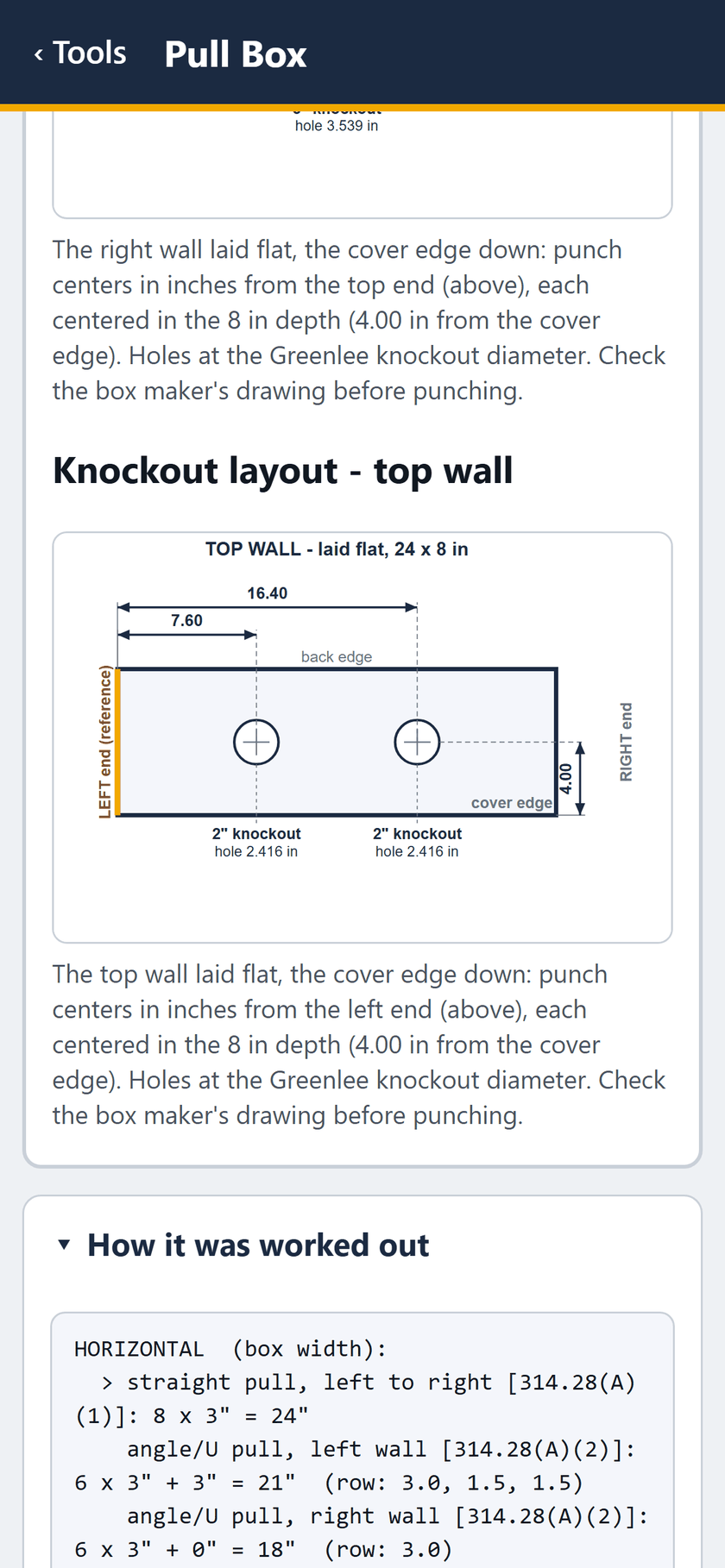 Pull Box screen: Knockout layout, top wall: two 2 in knockouts at 7.60 and 16.40 in from the left end. Then how it was worked out.