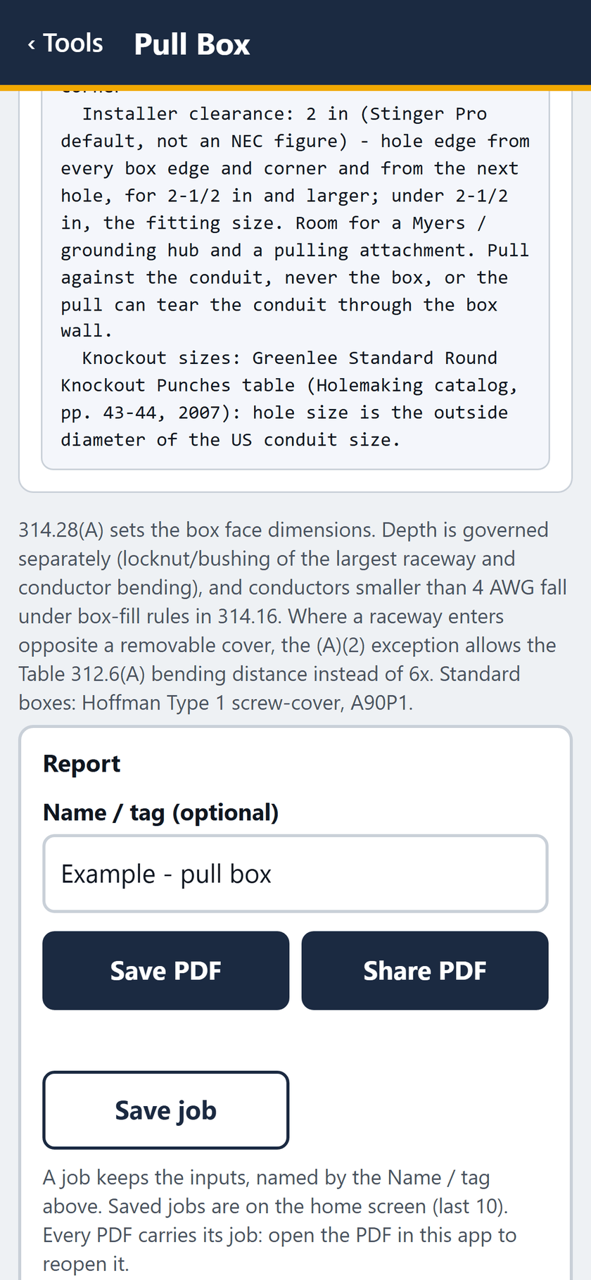 Pull Box screen: The installer clearance and knockout sizes, then the report: save or share the PDF, or save the job.