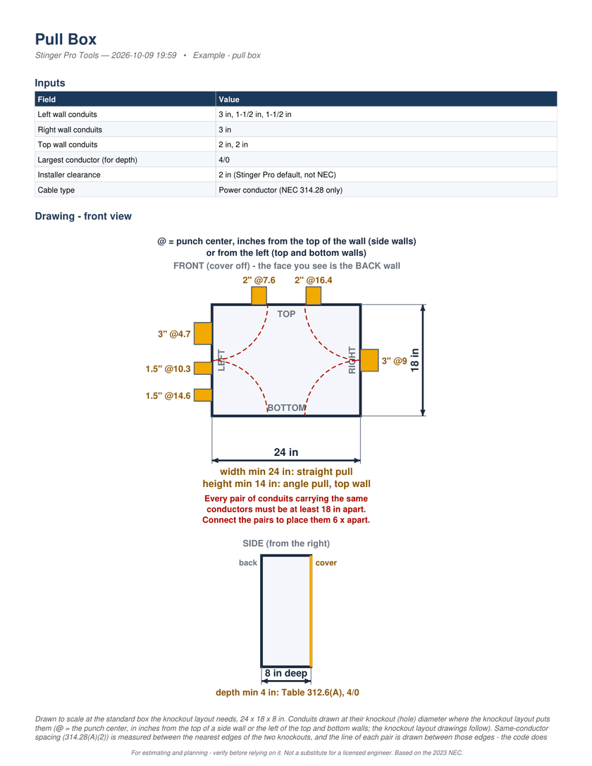Page 1 of the PDF report: The PDF, page 1: the inputs, and the front and side views of the 24 x 18 x 8 in box.