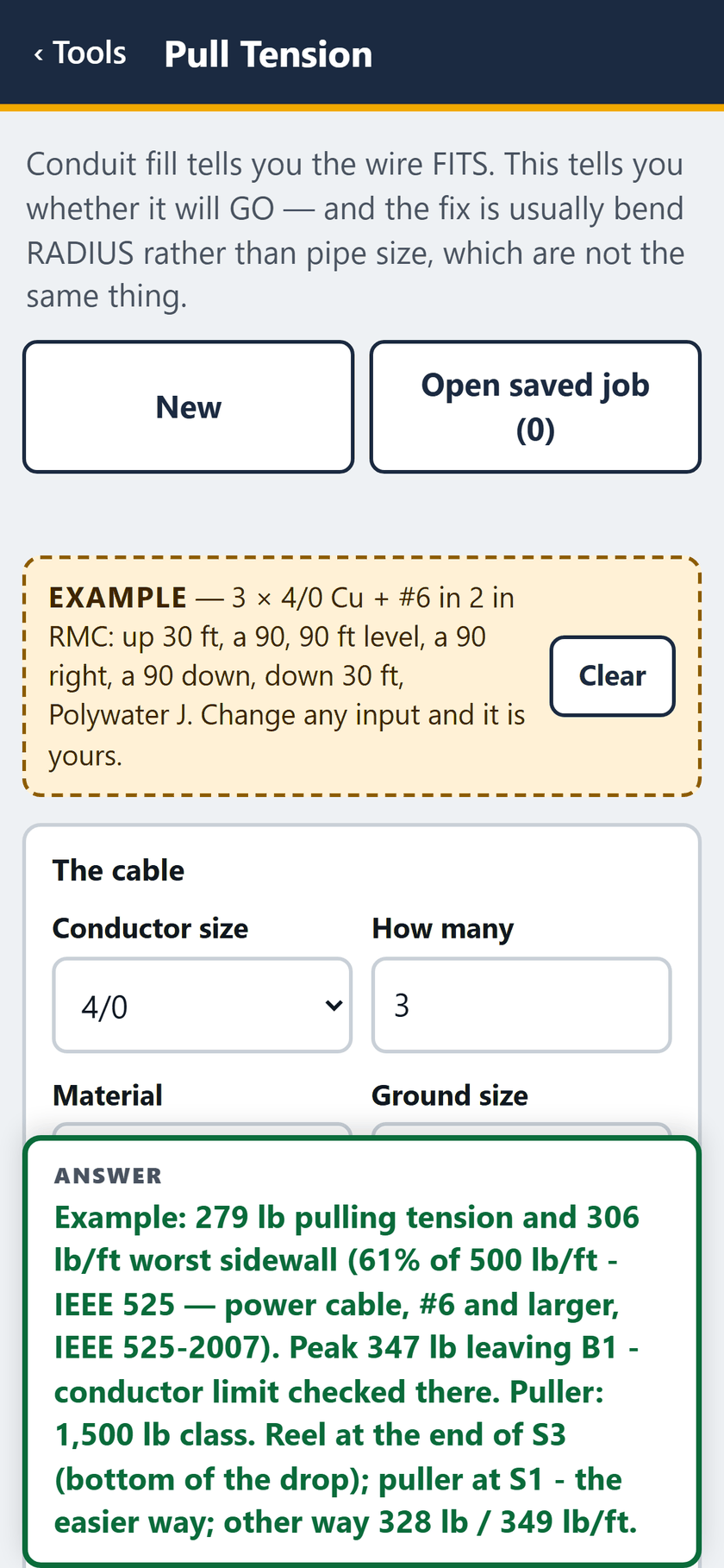 Pull Tension screen: The example opens filled in: the reference pull, with the answer pinned at the foot of the screen.