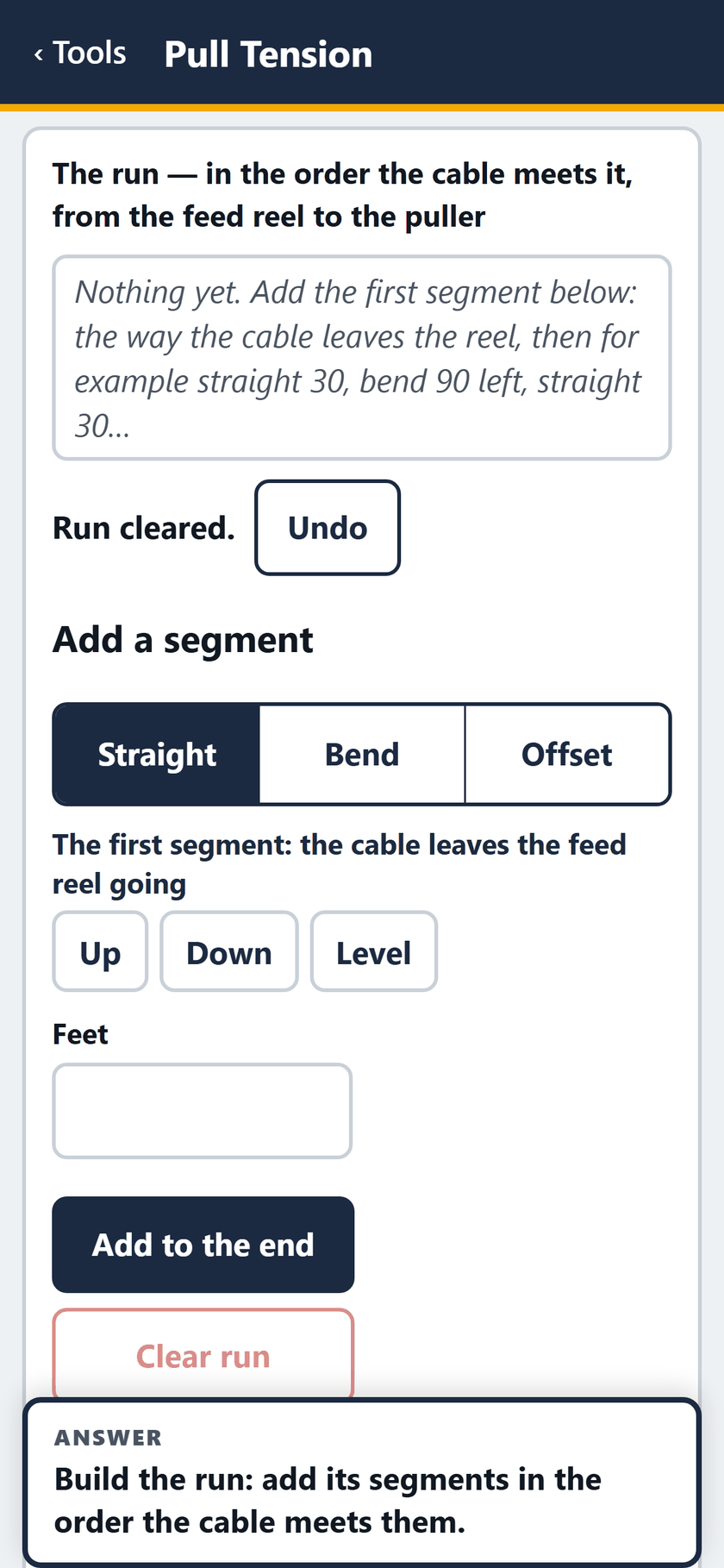 Pull Tension screen: The run cleared, ready to build.