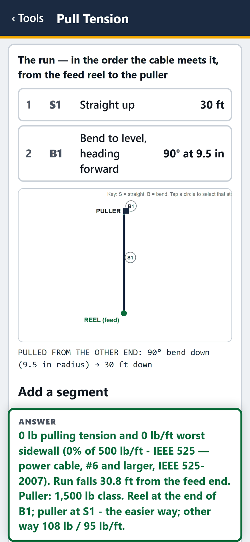 Pull Tension screen: Segment 2: a 90 to level, heading forward.
