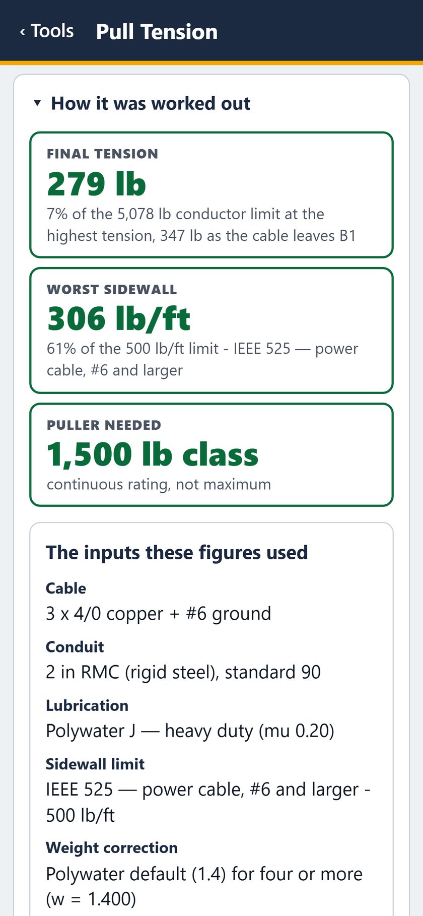 Pull Tension screen: How it was worked out: 279 lb, 306 lb/ft, a 1,500 lb class puller.