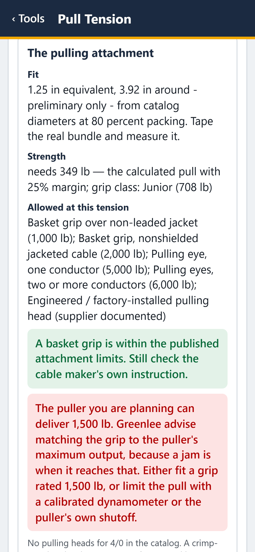Pull Tension screen: The pulling attachment: a basket grip is within the published limits.