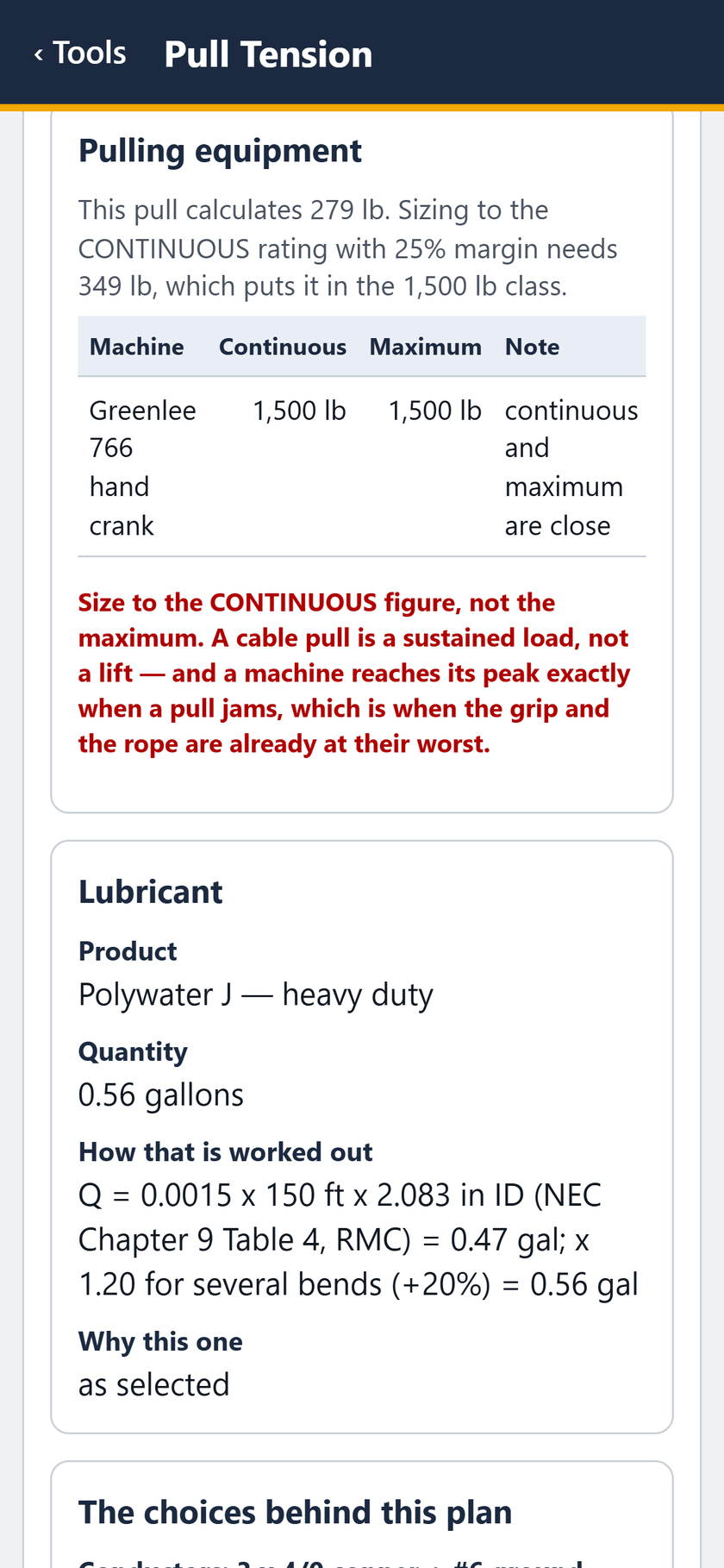 Pull Tension screen: Pulling equipment: a 1,500 lb class puller, sized to its continuous rating.
