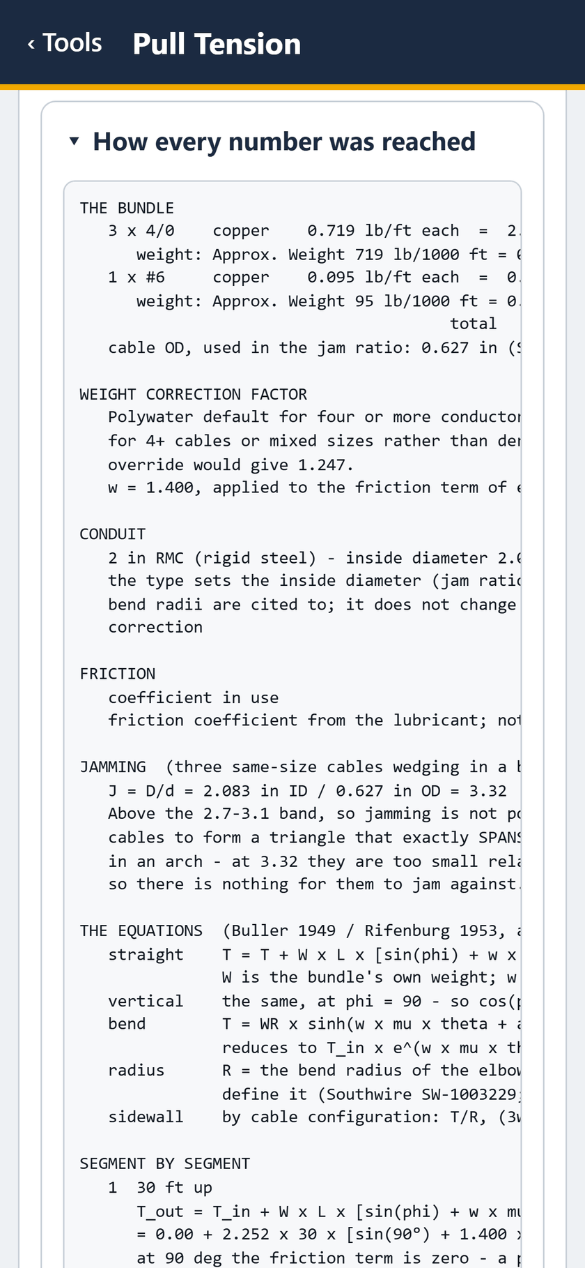 Pull Tension screen: How every number was reached: each equation with this pull's figures.
