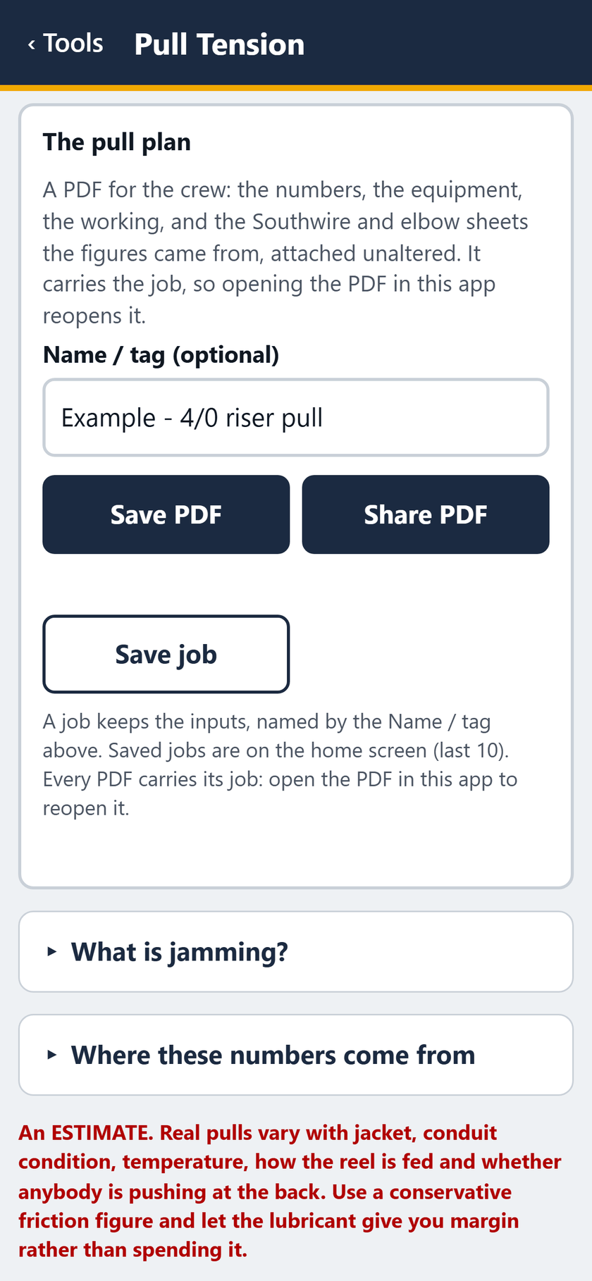 Pull Tension screen: The pull plan: save or share the PDF, or save the job.
