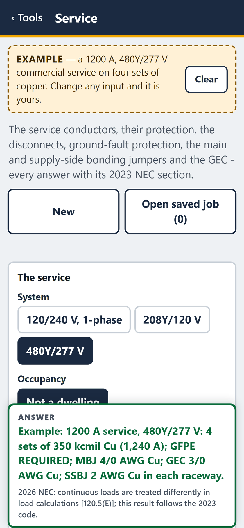 Service screen: The example opens filled in: a 1200 A, 480Y/277 V service, with the answer pinned at the foot of the screen.