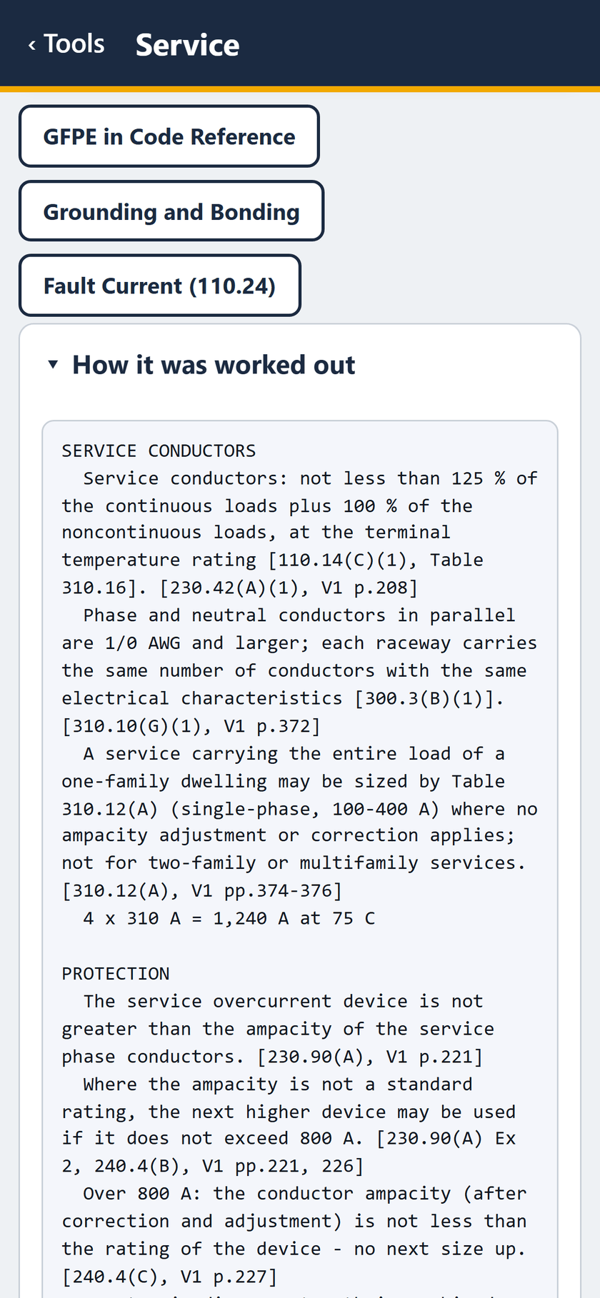 Service screen: How it was worked out: the service conductors, 4 x 310 A = 1,240 A at 75 C, then the protection rules.