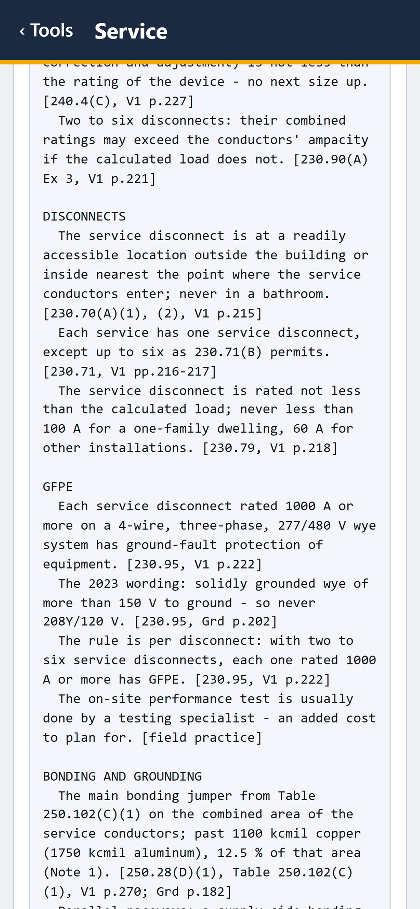 Service screen: Over 800 A, no next size up. Then the disconnects, the GFPE rule for 1000 A or more, and the bonding.