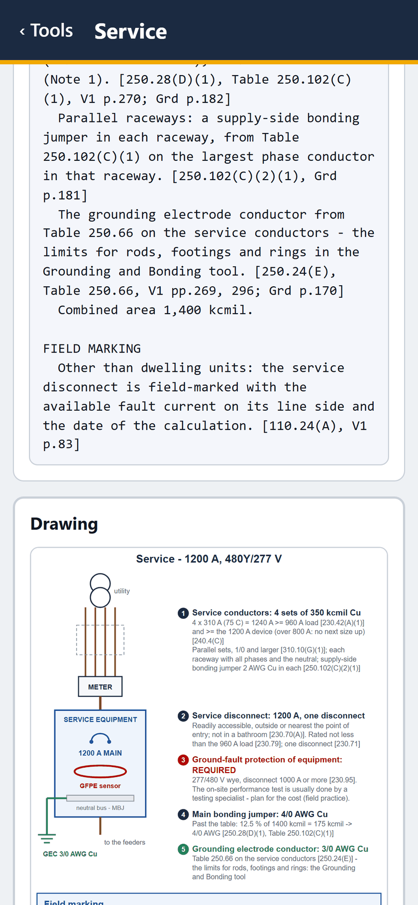 Service screen: Combined area 1,400 kcmil and the field marking rule, then the drawing of the 1200 A service starts.